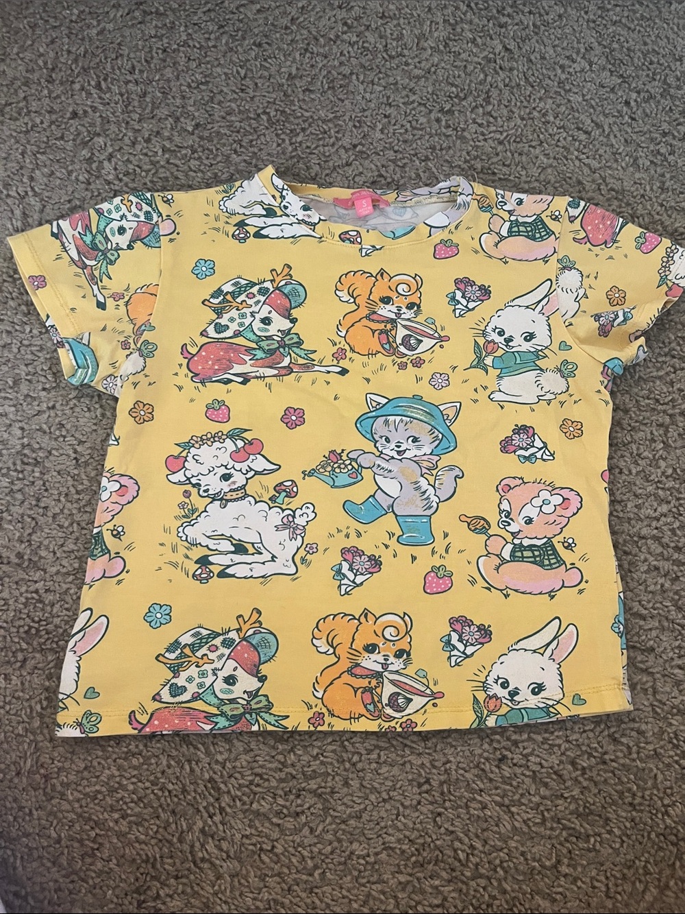 Yellow Short Sleeve Cartoon Animal Tee for Women
